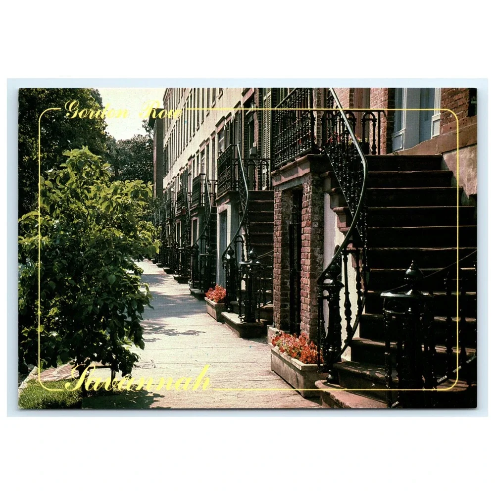 Postcard Gordon‎ Row Savannah Georgia Historic Homes Row Houses Iron Rails